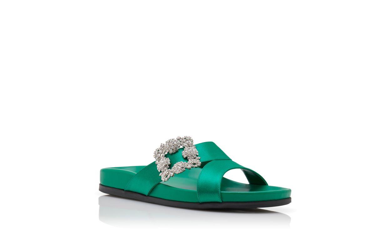 CHILANGHI Green Satin Jewel Buckle Flat Mules Product Image