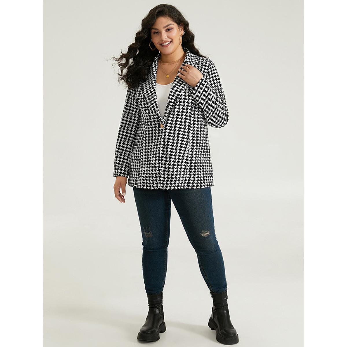 Plus Size Houndstooth Button Up Suit Collar Blazer Black Women Dailywear Houndstooth Contrast Sleeve Long Sleeve Suit Collar 28/5X Casual Blazers BloomChic Product Image
