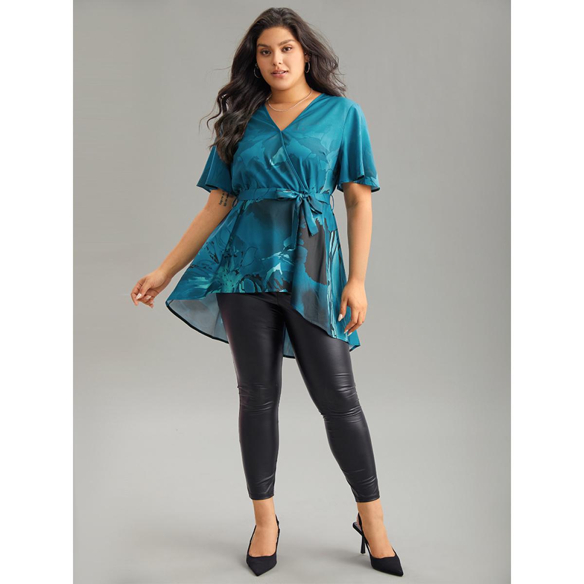 Plus Size Aegean Boho Print Wrap Ruffle Sleeve Blouse Women Elegant Short sleeve V-neck Dailywear Blouses BloomChic 12/L Product Image