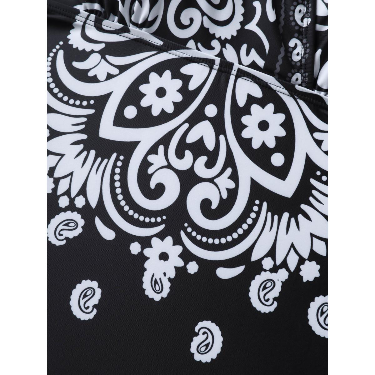 Plus Size Boho Print Surplice Neck Swim Top Women's Swimwear Black Beach High stretch Bodycon Overlap Collar Curve Swim Tops BloomChic 30/6X Product Image