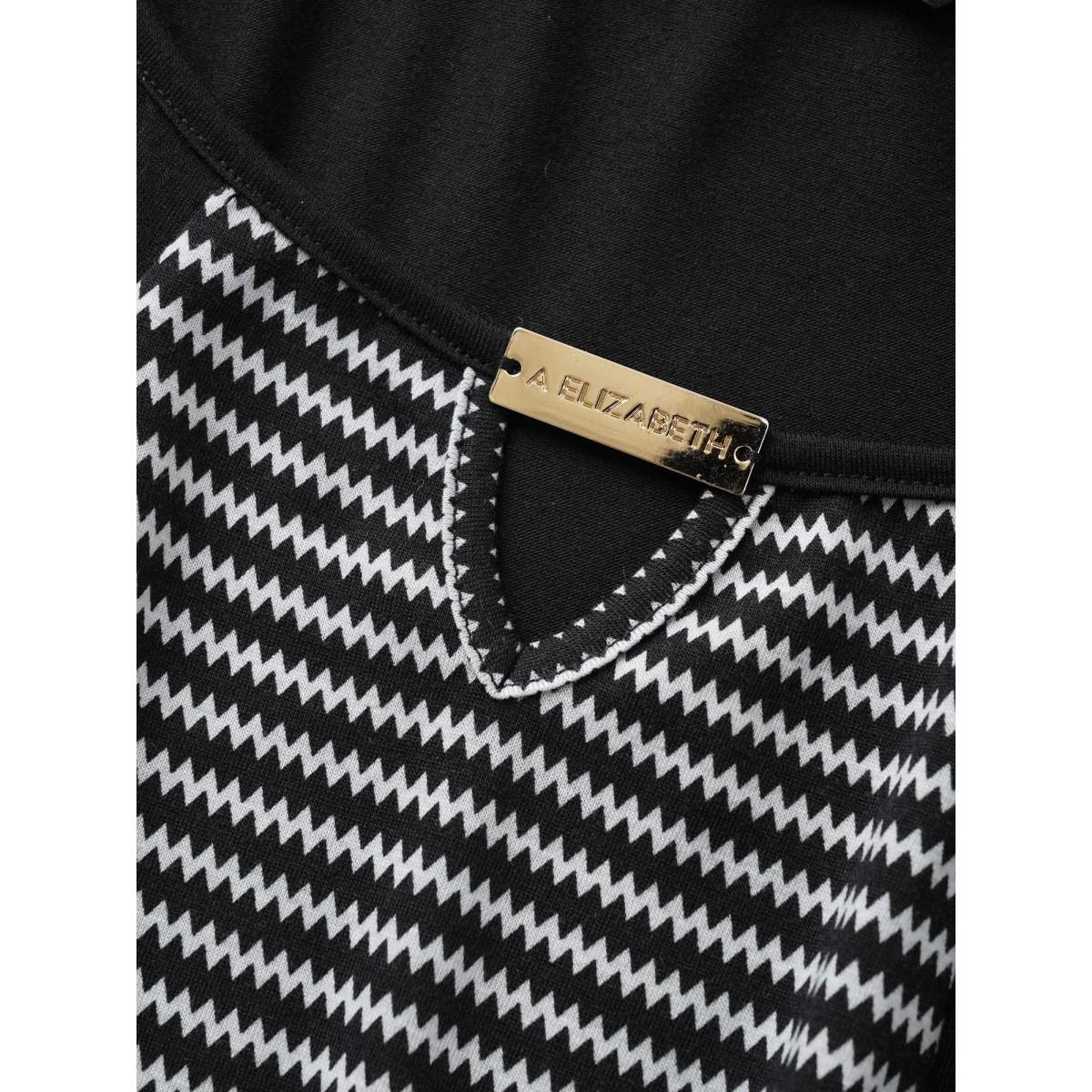 Plus Size Striped Patchwork Keyhole Belted Raglan Sleeve Dress Black Women At the Office Non Notched collar Short sleeve Curvy Midi Dress BloomChic 28/5X Product Image