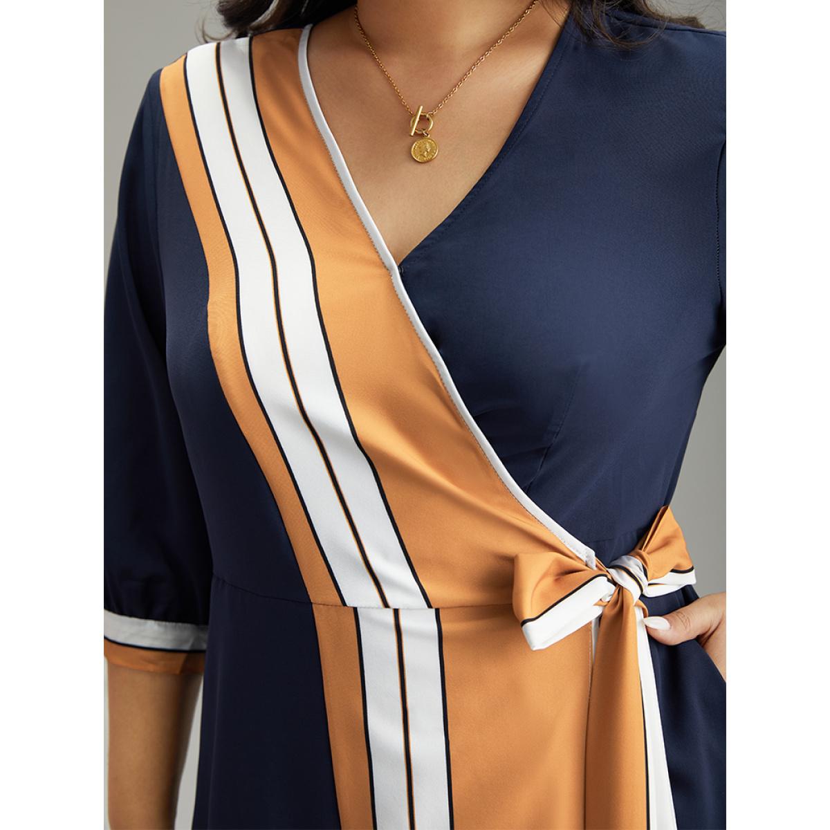 Plus Size Contrast Striped Patchwork Wrap Dress Midnight Women Elegant Wrap V-neck Elbow-length sleeve Curvy Midi Dress BloomChic 18-20/2X Product Image
