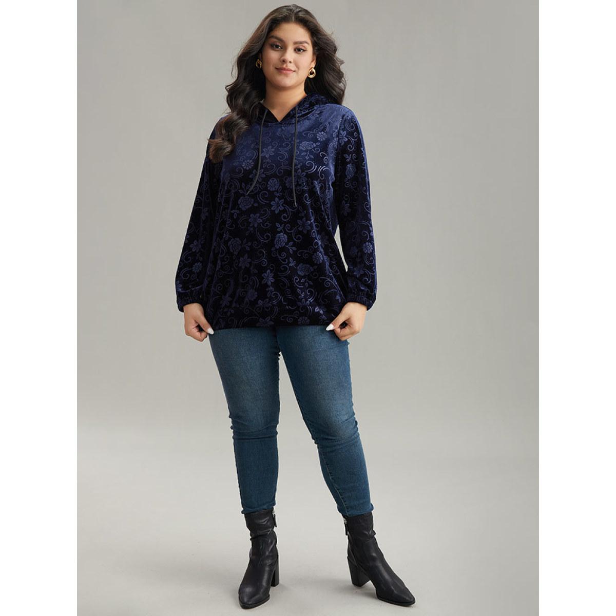 Plus Size Velvet Solid Floral Hooded Drawstring Sweatshirt Women Navy Elegant Elastic cuffs Hooded Dailywear Sweatshirts BloomChic 26/4X Product Image