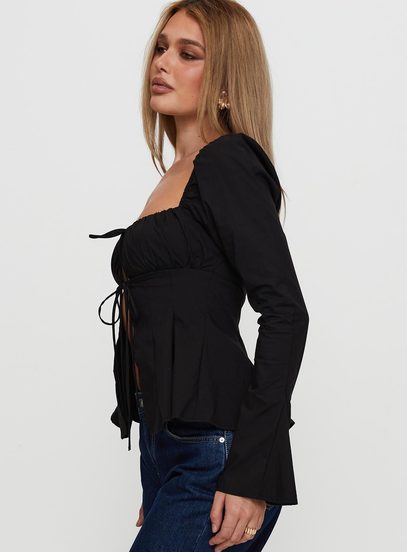 Lilibette Tie Up Long Sleeve Top Black Product Image