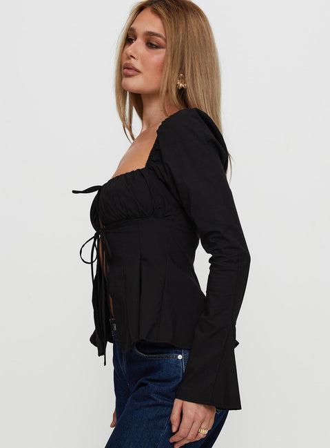 Lilibette Tie Up Long Sleeve Top Black Product Image