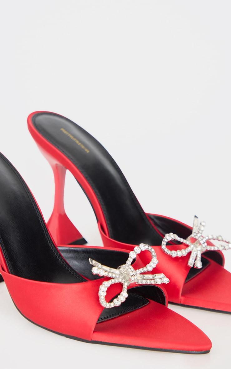 Red Satin Point Toe Diamante Bow High Stiletto Heeled Mules Product Image