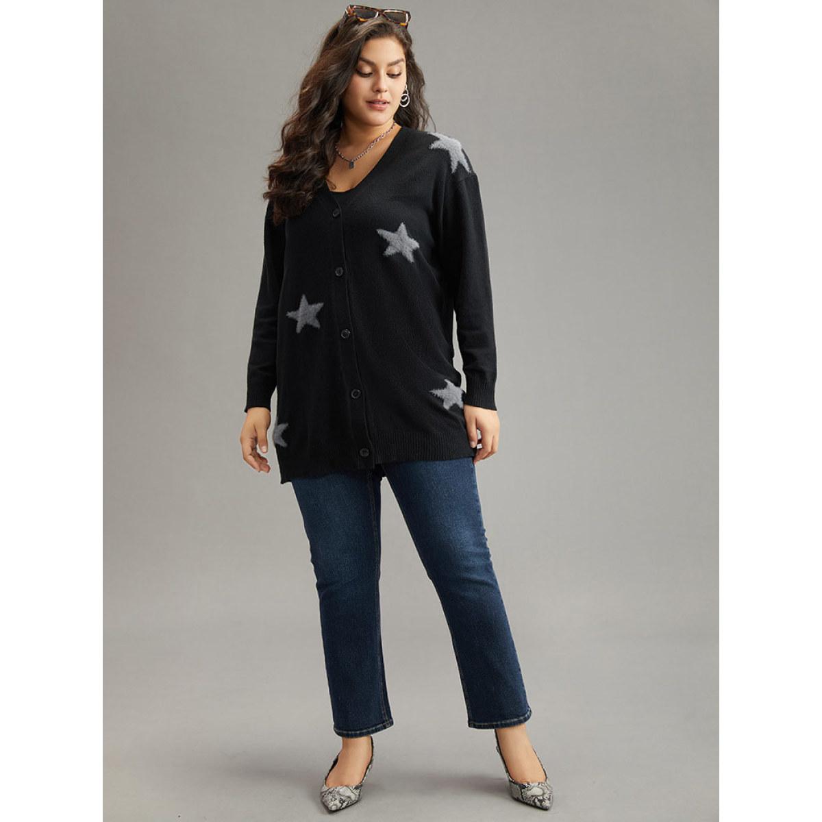 Plus Size Supersoft Essentials Star Button Through Cardigan Black Women Casual Loose Long Sleeve Dailywear Cardigans BloomChic 26/4X Product Image