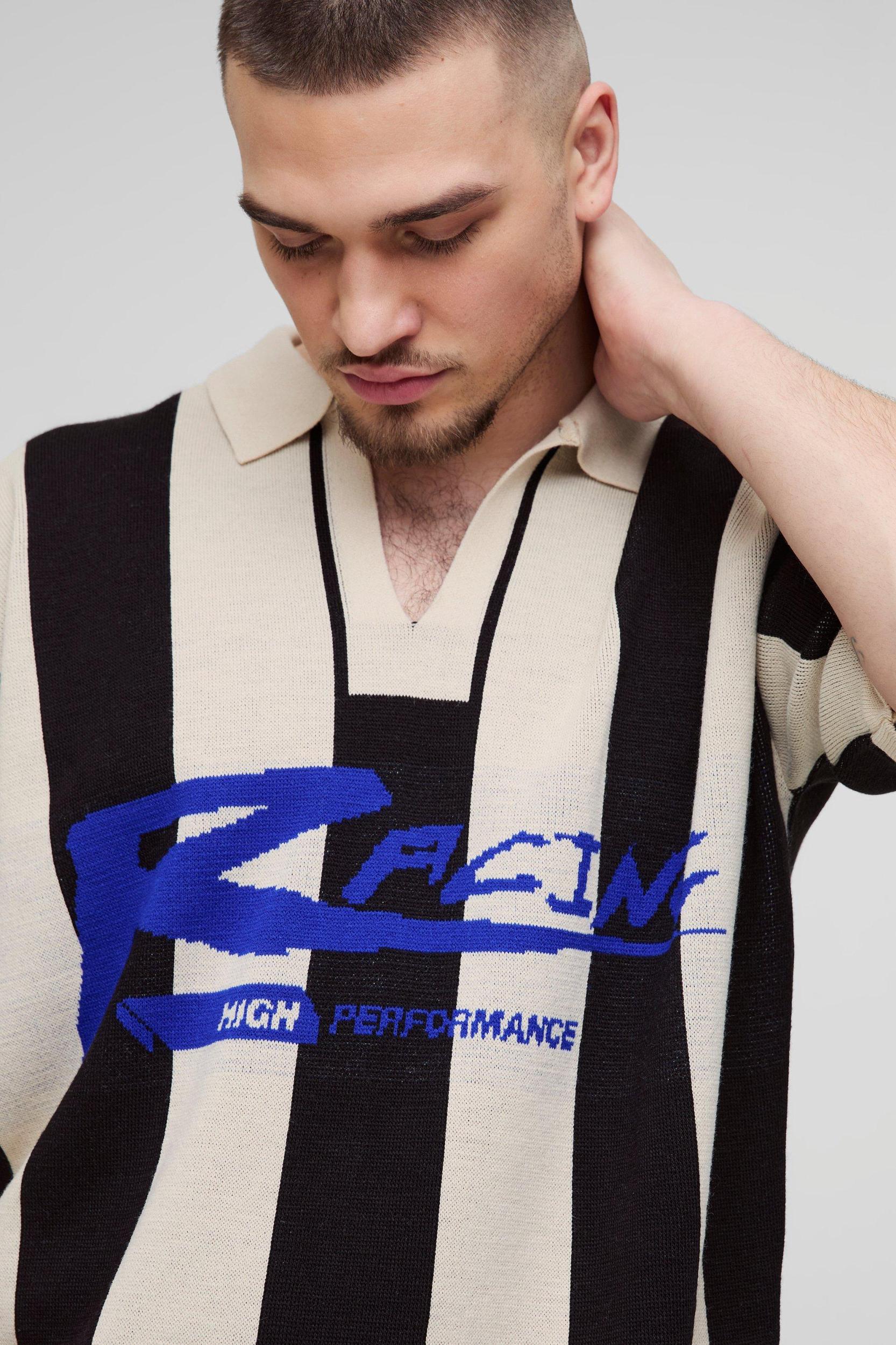 Tall Boxy Moto Stripe Knitted Polo | boohooMAN USA Product Image