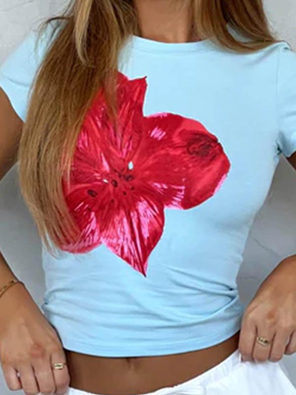 Short Sleeves Skinny Flower Print Round-Neck T-Shirts Tops Product Image