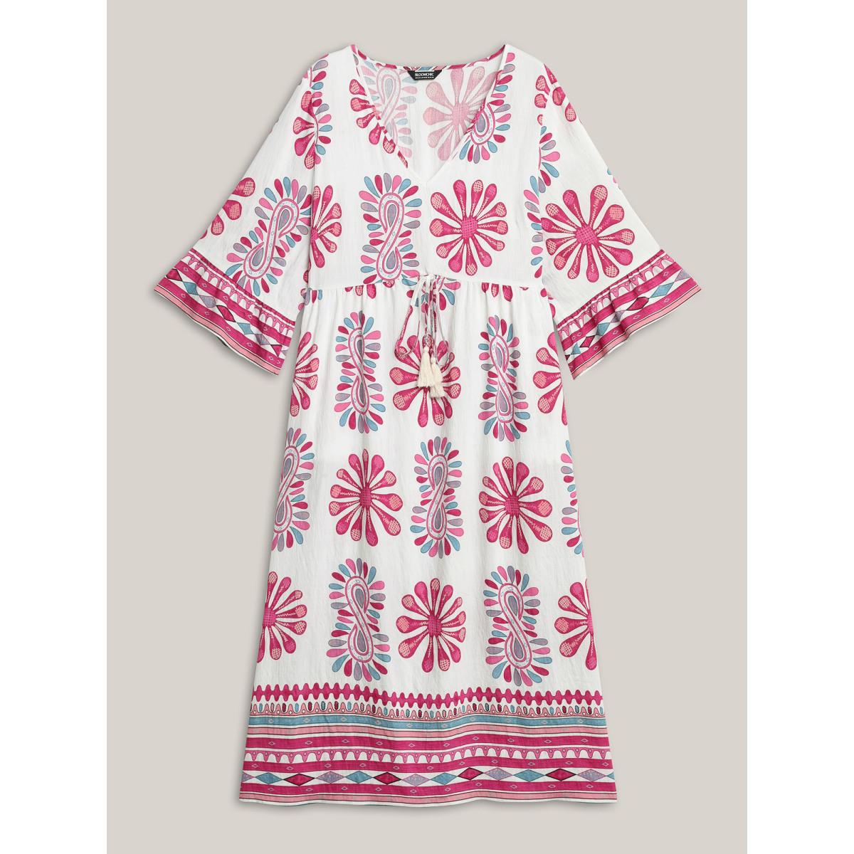 Plus Size Boho Drama Sheer A-Line Midi Dress Rosered Women Boho V-neck Elbow-length sleeve Curvy BloomChic 26/4X Product Image