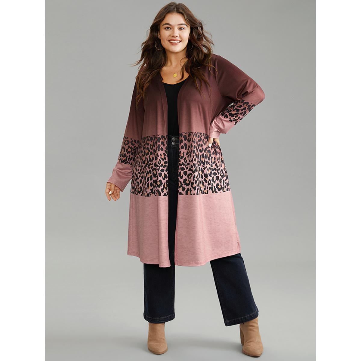 Plus Size Halloween Leopard Print Contrast Open Front Kimono Women Scarlet Casual Contrast Dailywear Kimonos BloomChic 10/M Product Image