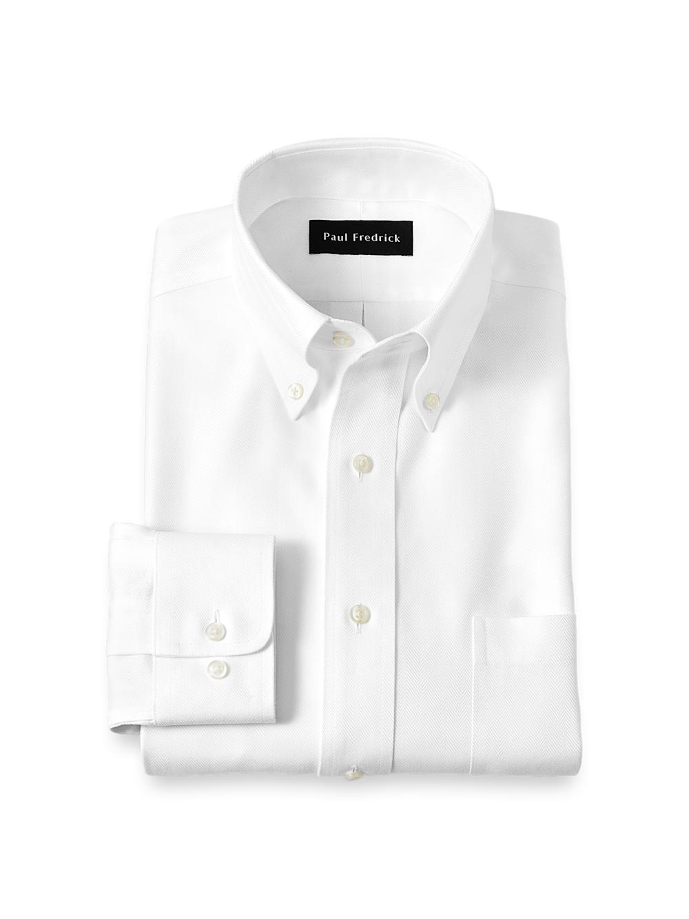 Non-Iron Cotton Herringbone Button Down Collar Dress Shirt - White Product Image