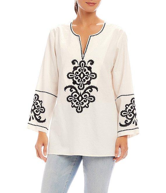Karen Kane Embroidered Split V-Neck 3/4 Sleeve Tunic Product Image
