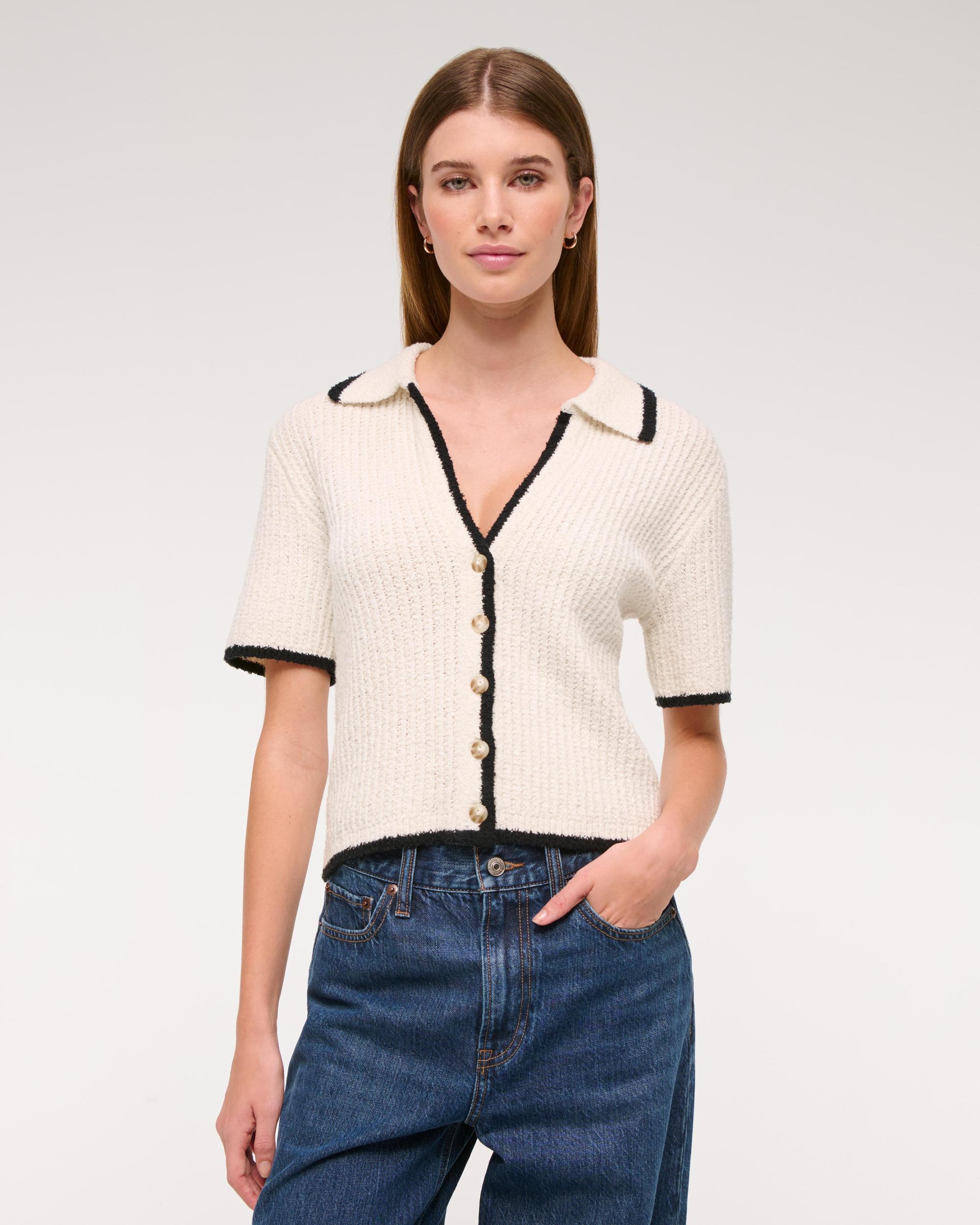 Short-Sleeve Crochet-Style Polo Product Image