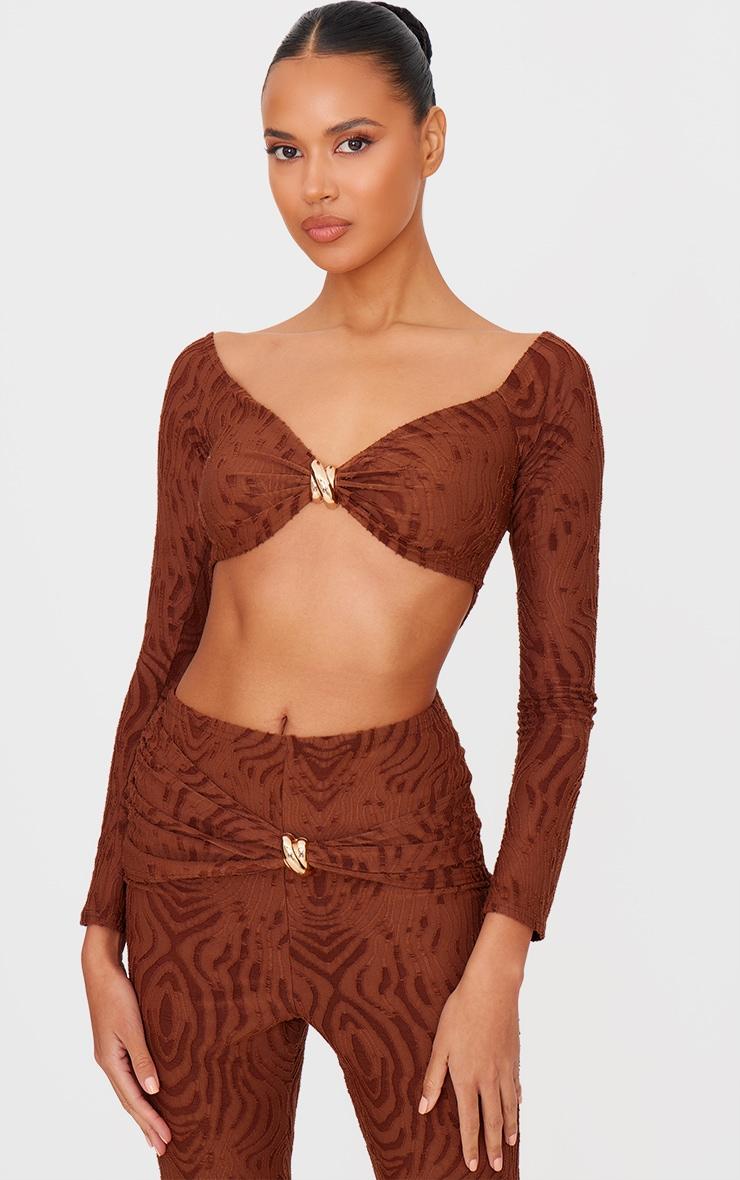 Chocolate Devore Long Sleeve Trim Cut Out Detail Jumpsuit Product Image