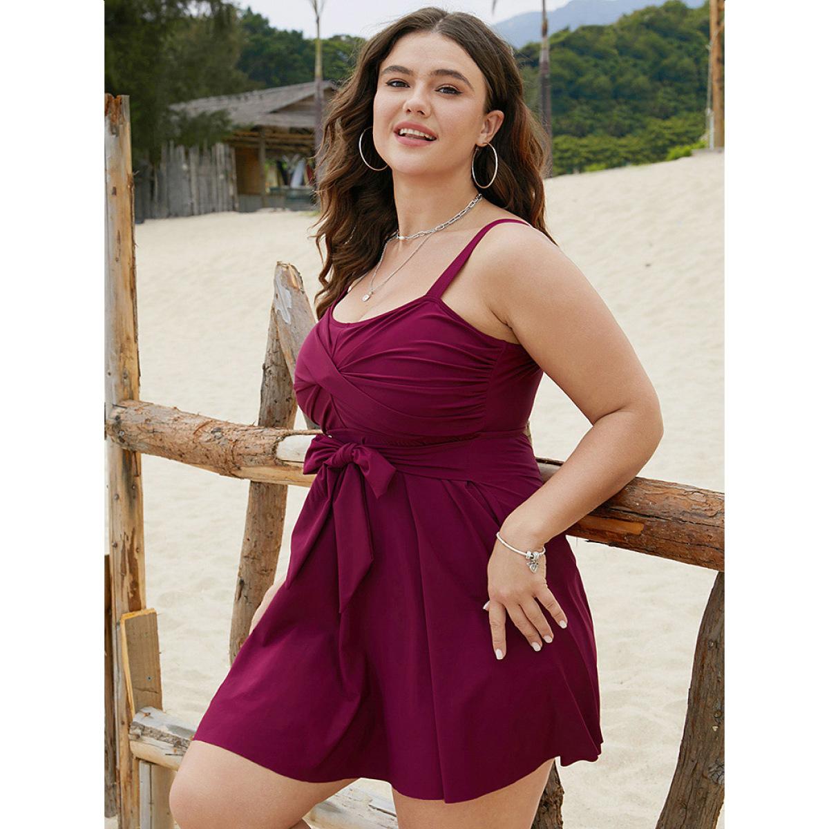 Plus Size Bowknot Crossover Pleated Detail Swim Dress Women's Swimwear RedViolet Beach Bodycon Heart neckline High stretch Curve Swim Dresses BloomChic 30/6X Product Image