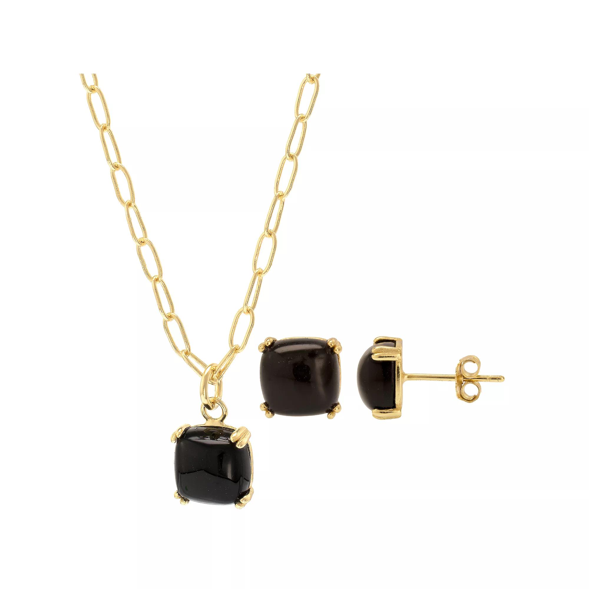 Gemistry 14k Gold Over Silver Square Black Onyx Stud Earrings & Necklace Set, Women's, Size: 18", Gold Tone Product Image