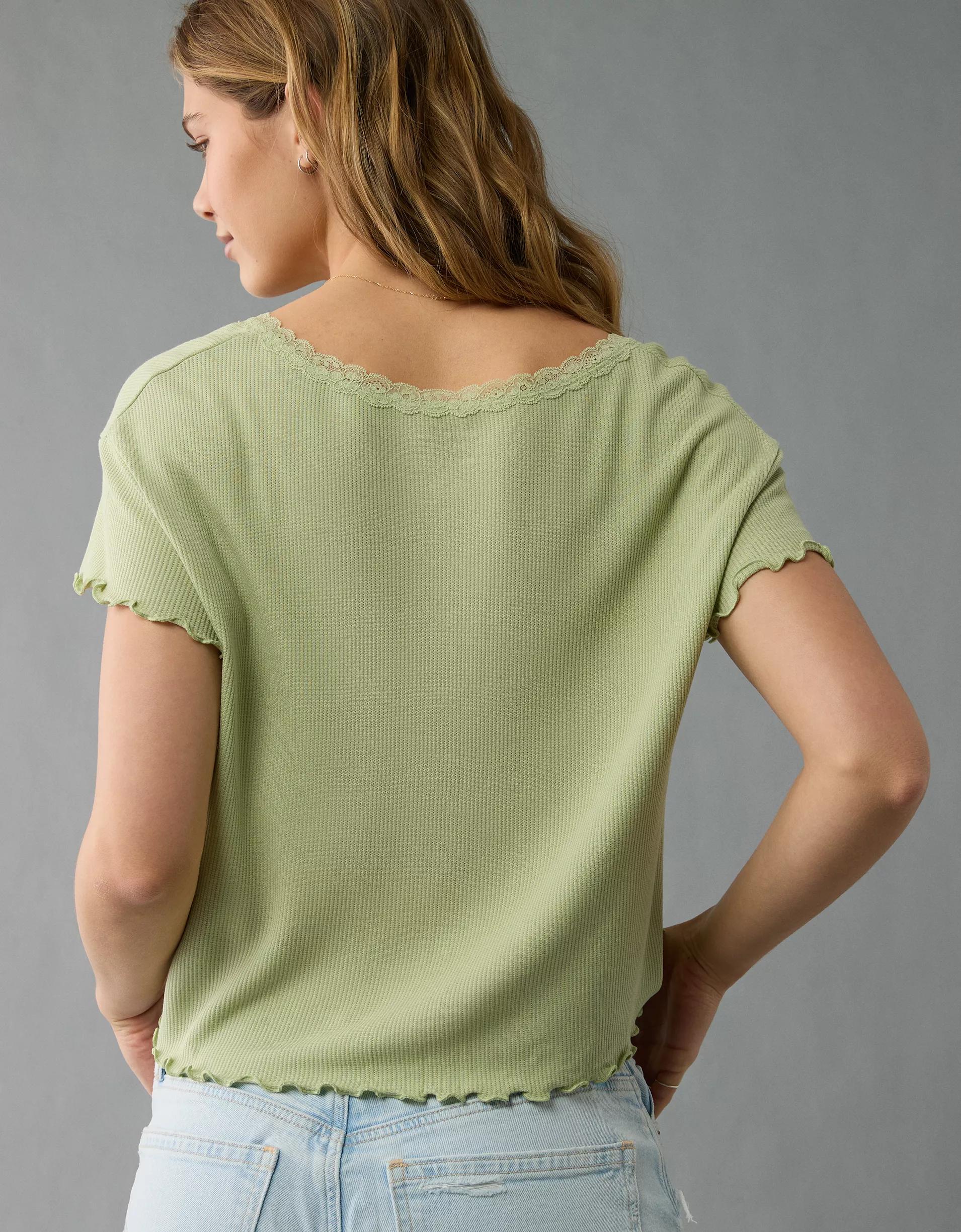 AE Soft & Sexy V-Neck Cropped Waffle T-Shirt Product Image