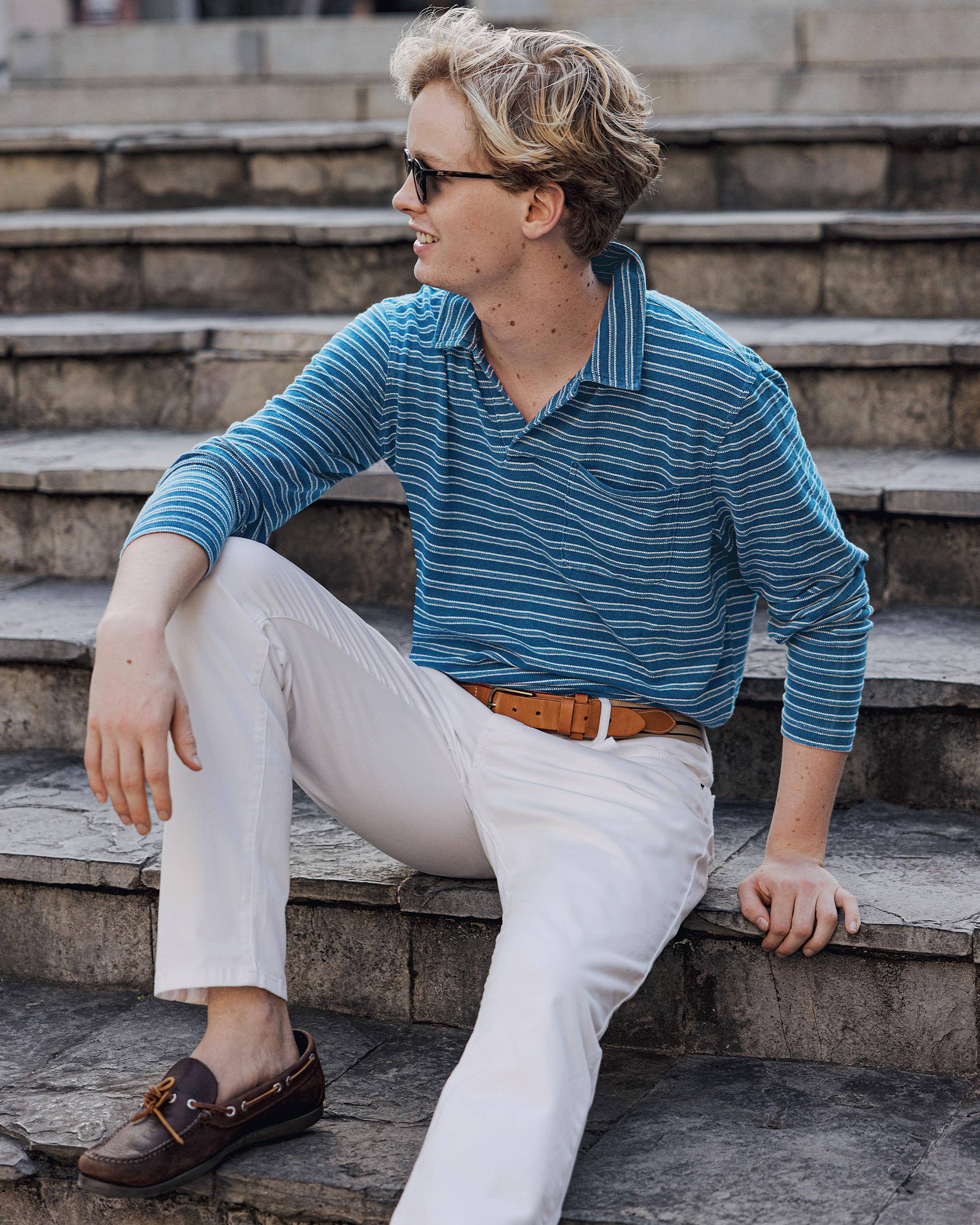 Long Sleeve Indigo Polo in Mid Wash Jacquard Stripe Product Image