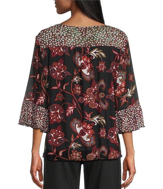 Intro Petite Size Intro Soft Mesh Jacobean Floral Mix Printed 3/4 Romantic Sleeve Top Product Image