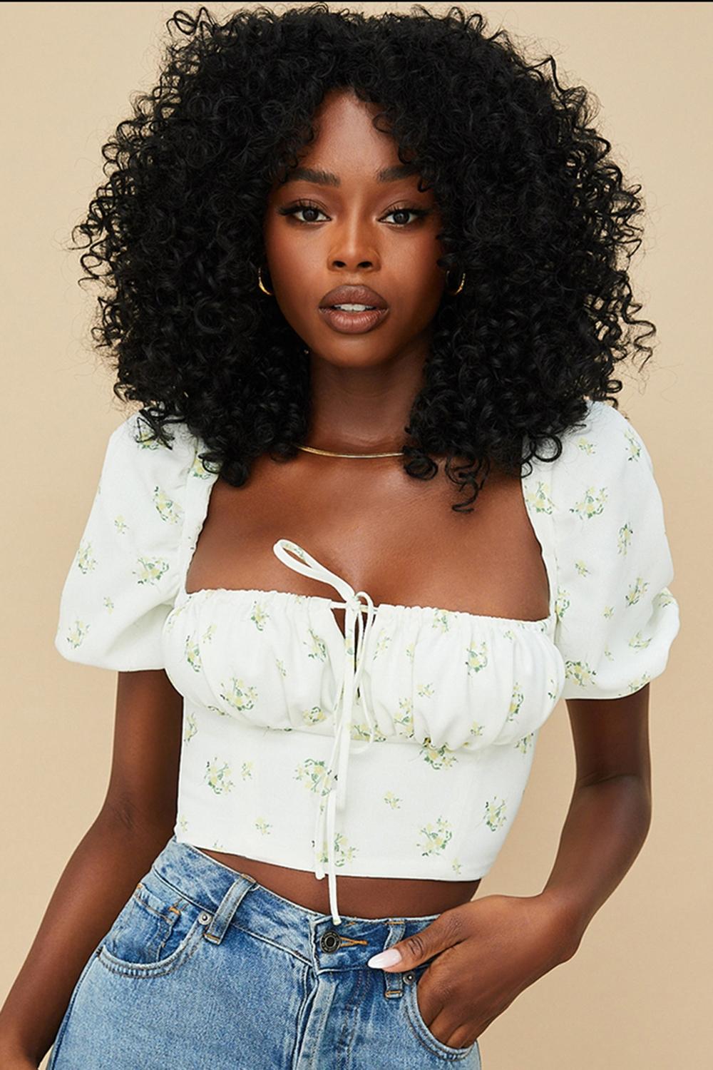 Arianna  ivory floral puff sleeve cropped top Product Image