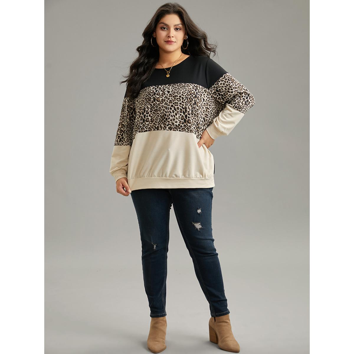 Plus Size Leopard Contrast Elastic Hem Sweatshirt Women Black Casual Contrast Round Neck Dailywear Sweatshirts BloomChic 28/5X Product Image