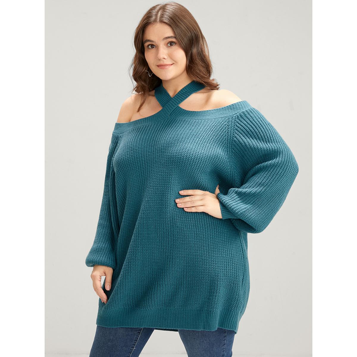 Plus Size Solid Pointelle Knit Lantern Sleeve Cold Shoulder Knit Top Aegean Women Casual Loose Long Sleeve Cold Shoulder Everyday Pullovers BloomChic 28/5X Product Image