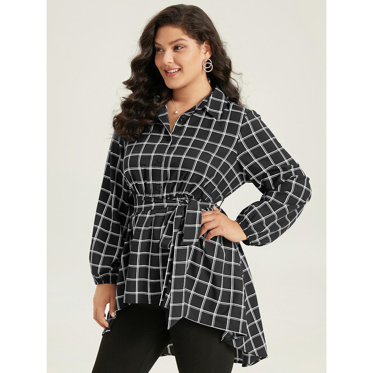 Plus Size Black Plaid Button Up Belted High Low Hem Blouse Women Office Long Sleeve Shirt collar Office Blouses BloomChic 22-24/3X Product Image