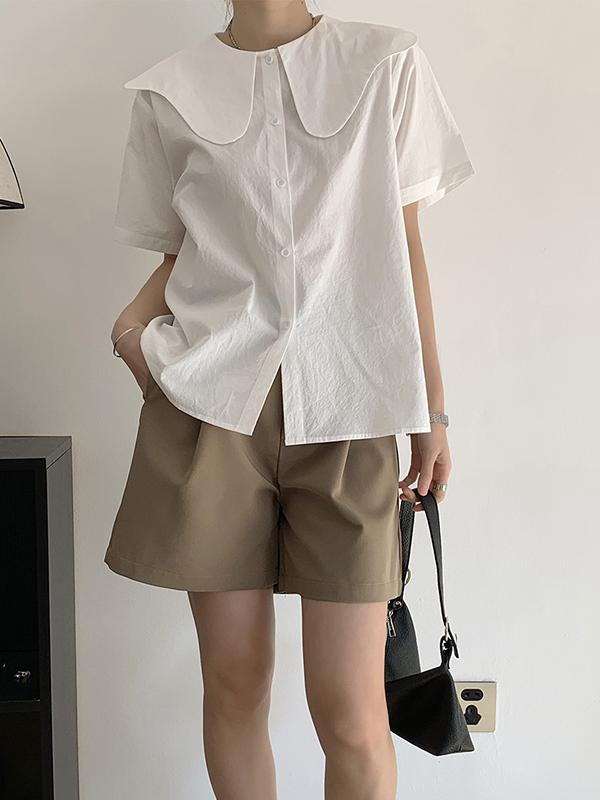 Loose Short Sleeves Solid Color Split-Joint Peter Pan Collar Blouses&Shirts Tops Product Image