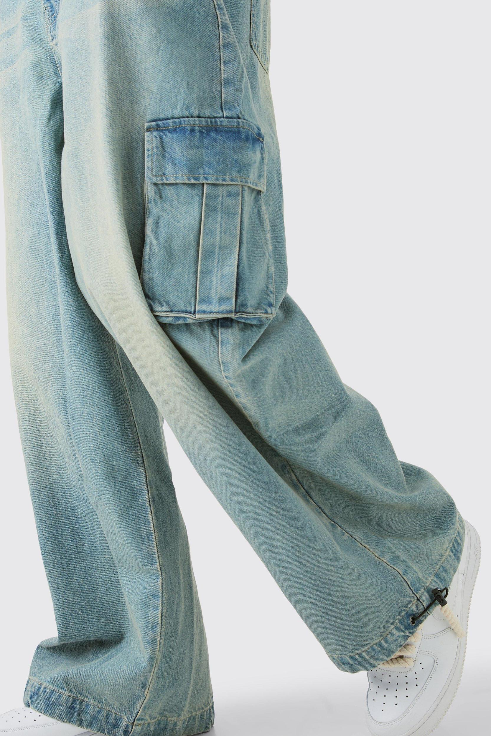 Tall Denim Cargo Parachute Jeans | boohooMAN USA Product Image