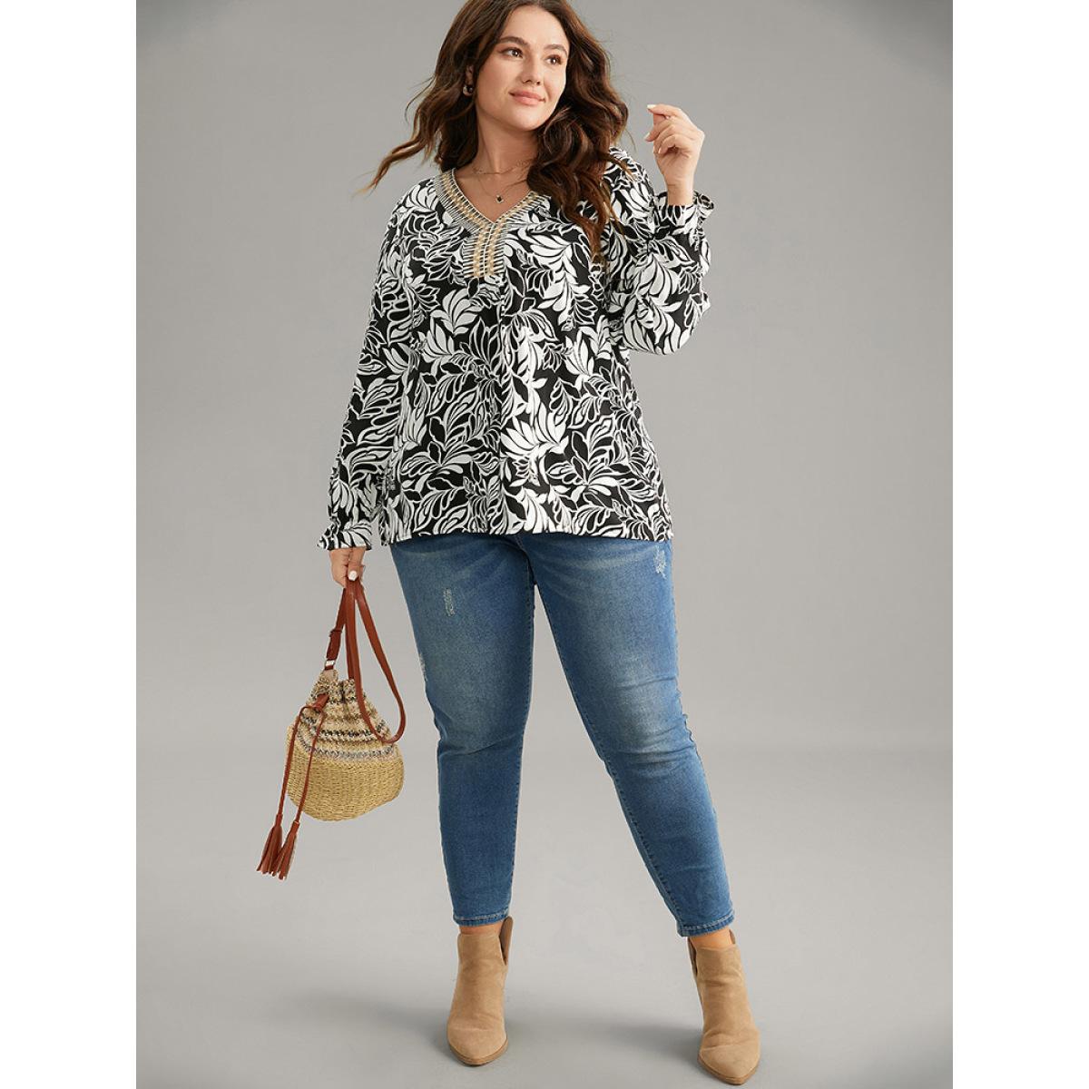 Plus Size Black Silhouette Floral Print Contrast Webbing Blouse Women Vacation Long Sleeve V-neck Vacation Blouses BloomChic 18-20/2X Product Image