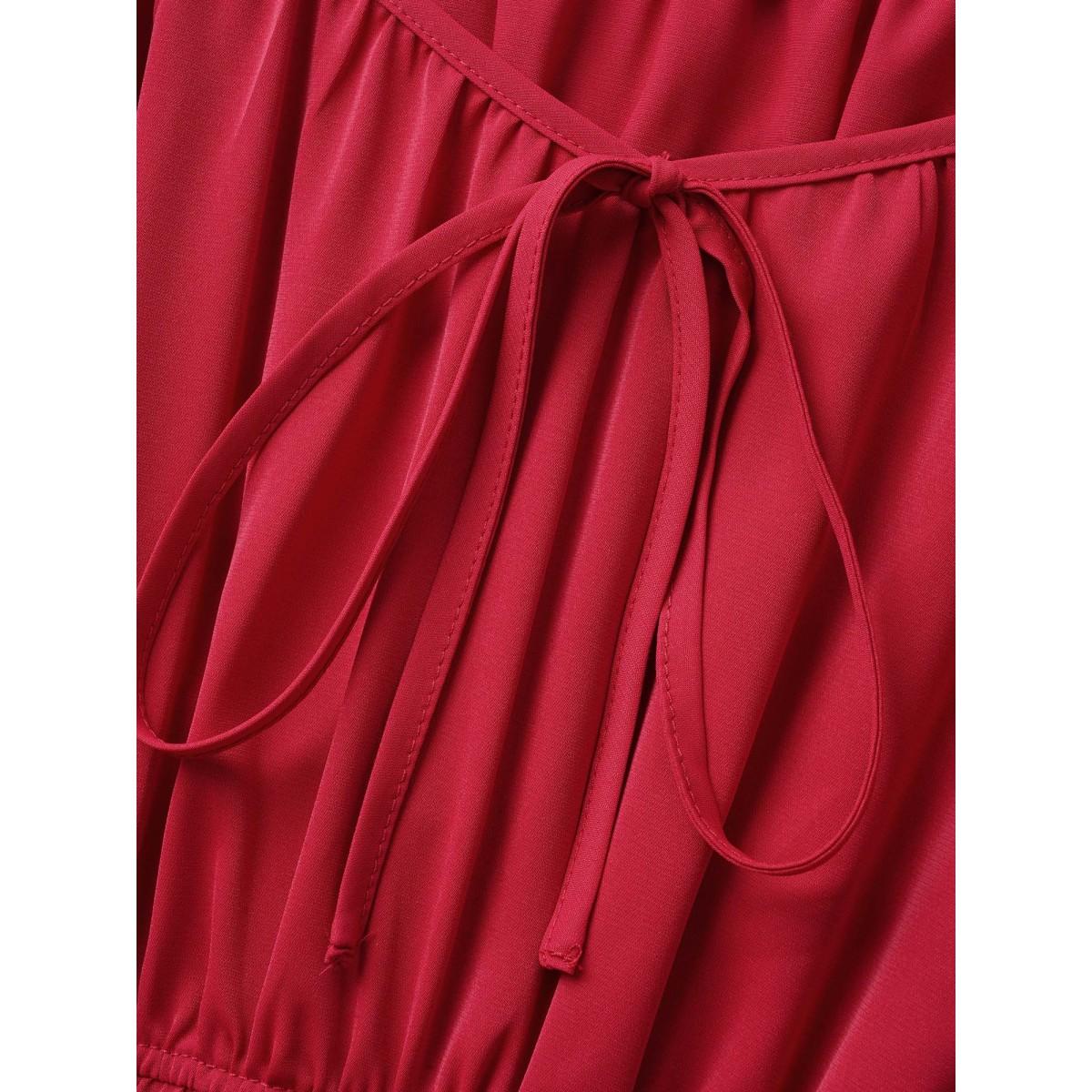 Plus Size Heart Neckline Bowknot Ruffle Trim Midi Dress Crimson Women Elegant Tie knot Heart neckline Short sleeve Curvy BloomChic 22-24/3X Product Image
