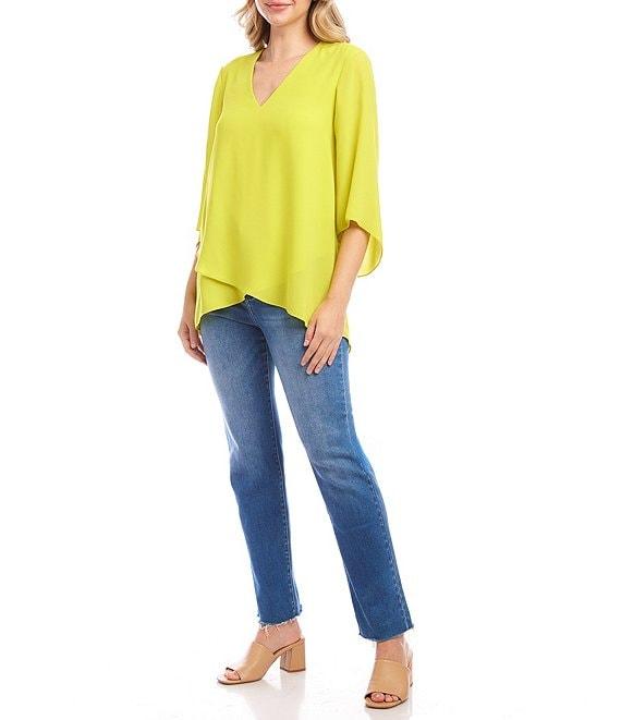 Karen Kane Silky Crepe V-Neck 3/4 Flare Sleeve Asymmetric Top Product Image