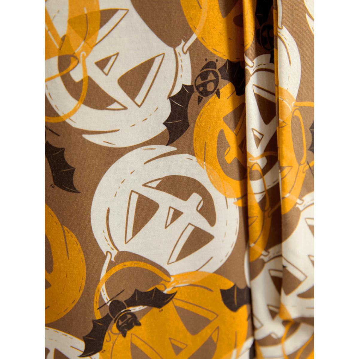 Plus Size Halloween Print Crew Neck Pocket Belted Dress Orange Women Elegant Belted Round Neck Short sleeve Curvy Midi Dress BloomChic 22-24/3X Product Image