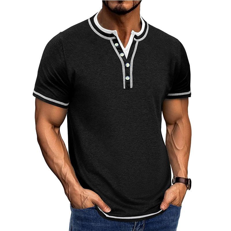 Mock Two-Piece Short-Sleeve Contrast Stitched Henley T-Shirt Product Image