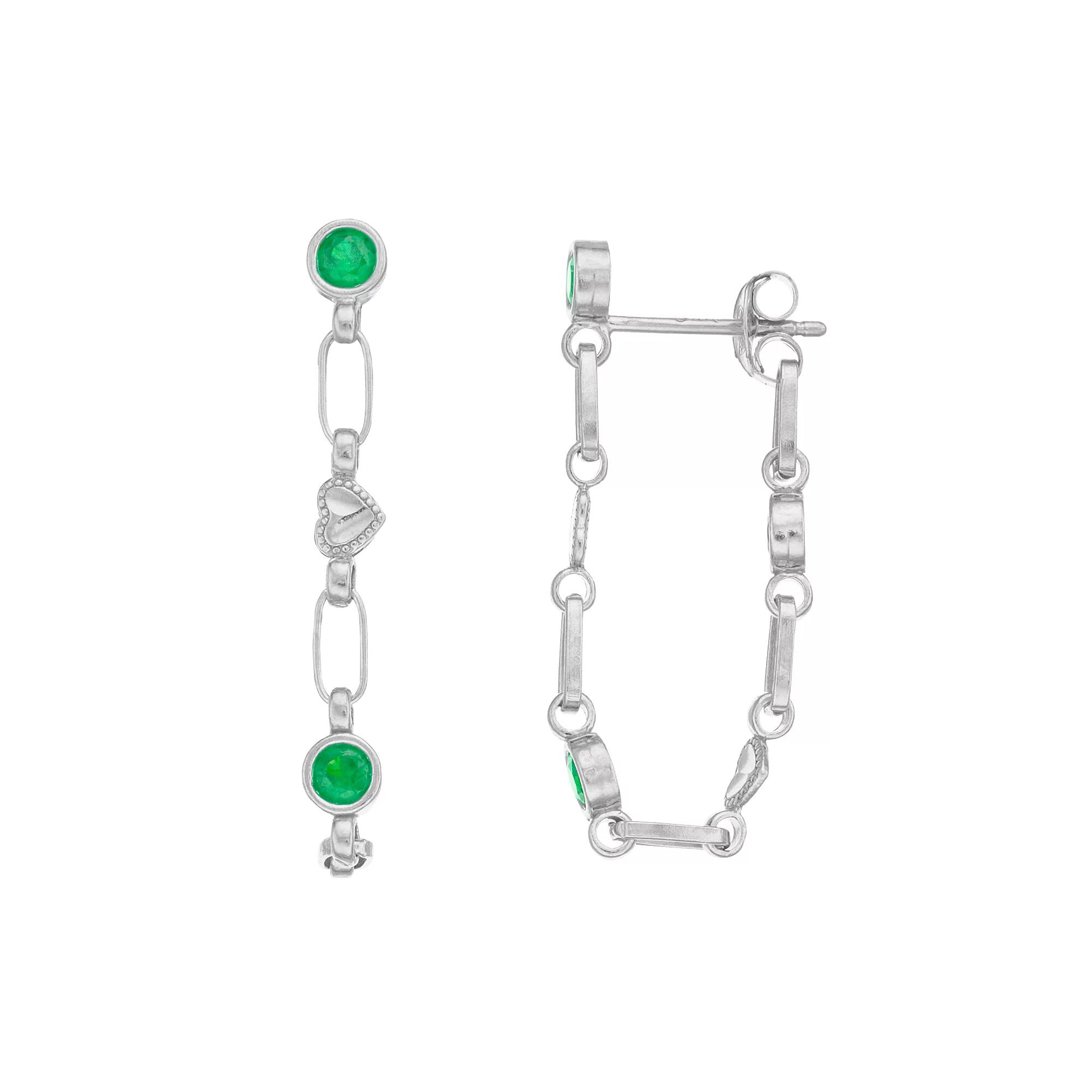 Kristen Kesho Sterling Silver Lab-Created Emerald Front-to-Back Heart Link Chain Hoop Earrings, Women's Product Image