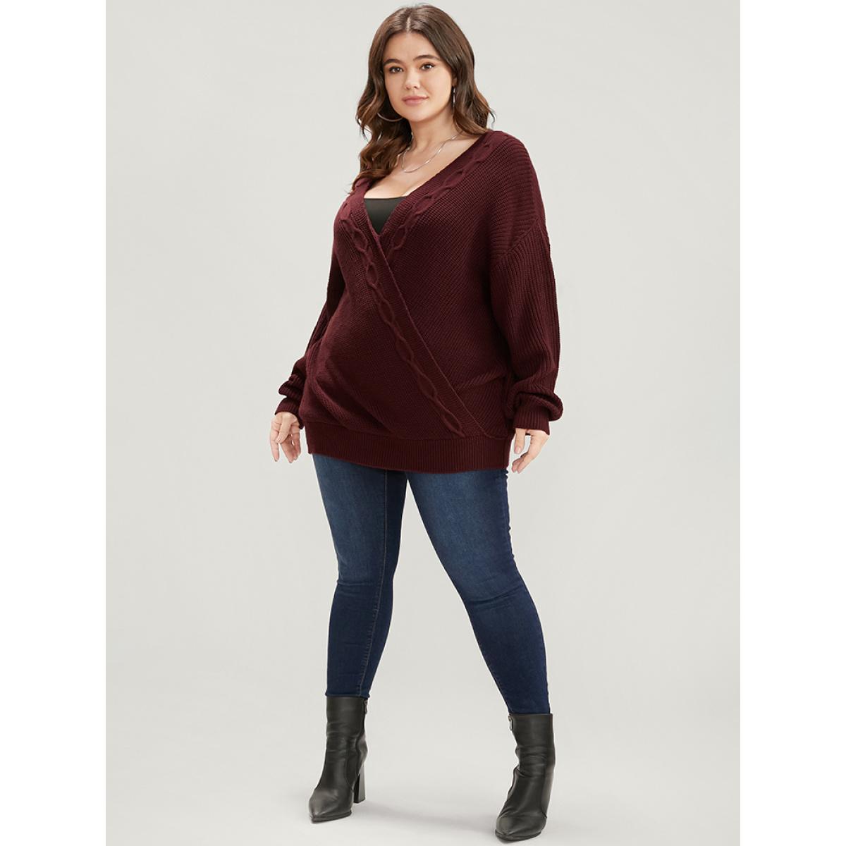 Plus Size Solid Pointelle Knit Surplice Neck Cable Knit Top Scarlet Women Elegant Loose Long Sleeve Overlap Collar Dailywear Pullovers BloomChic 12/L Product Image