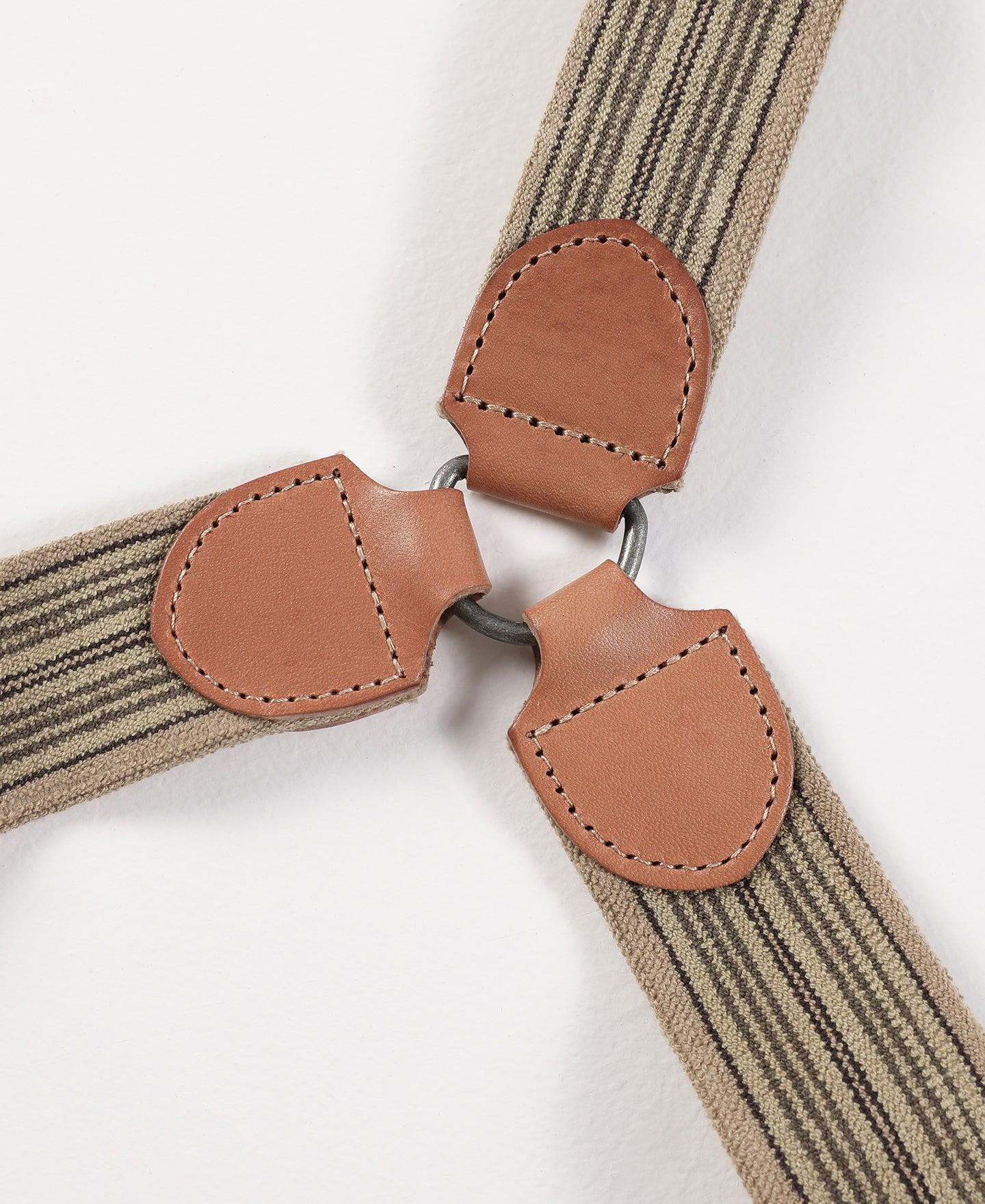 Old-Time Y-Back Leather Button Suspenders - Khaki Stripe Product Image