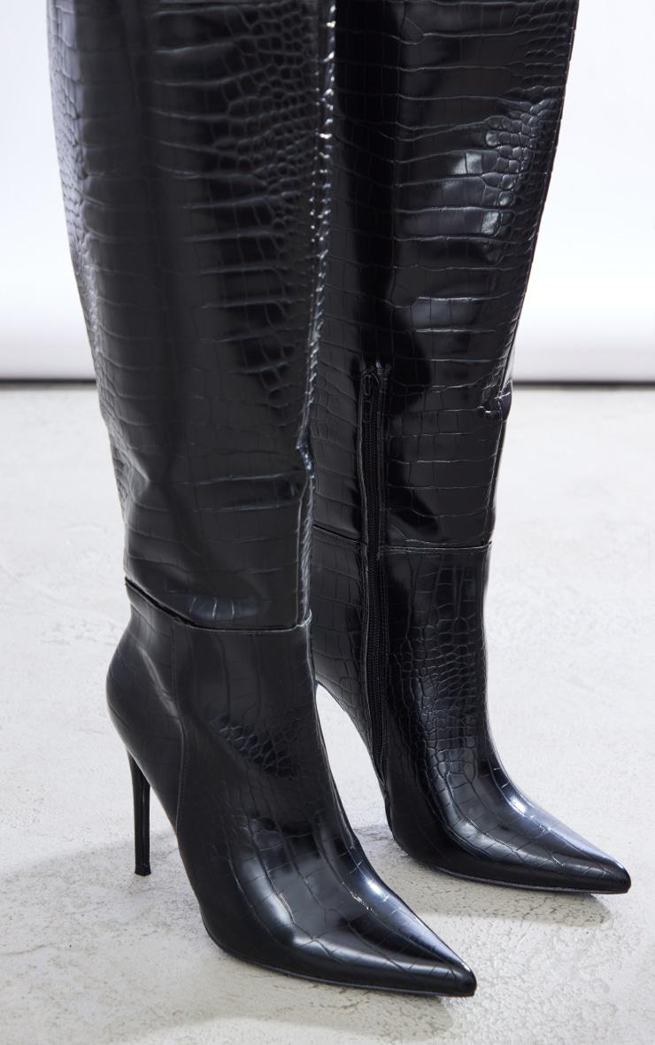 Black Wide Fit PU Croc Point Toe High Stiletto Heeled Knee Boots Product Image