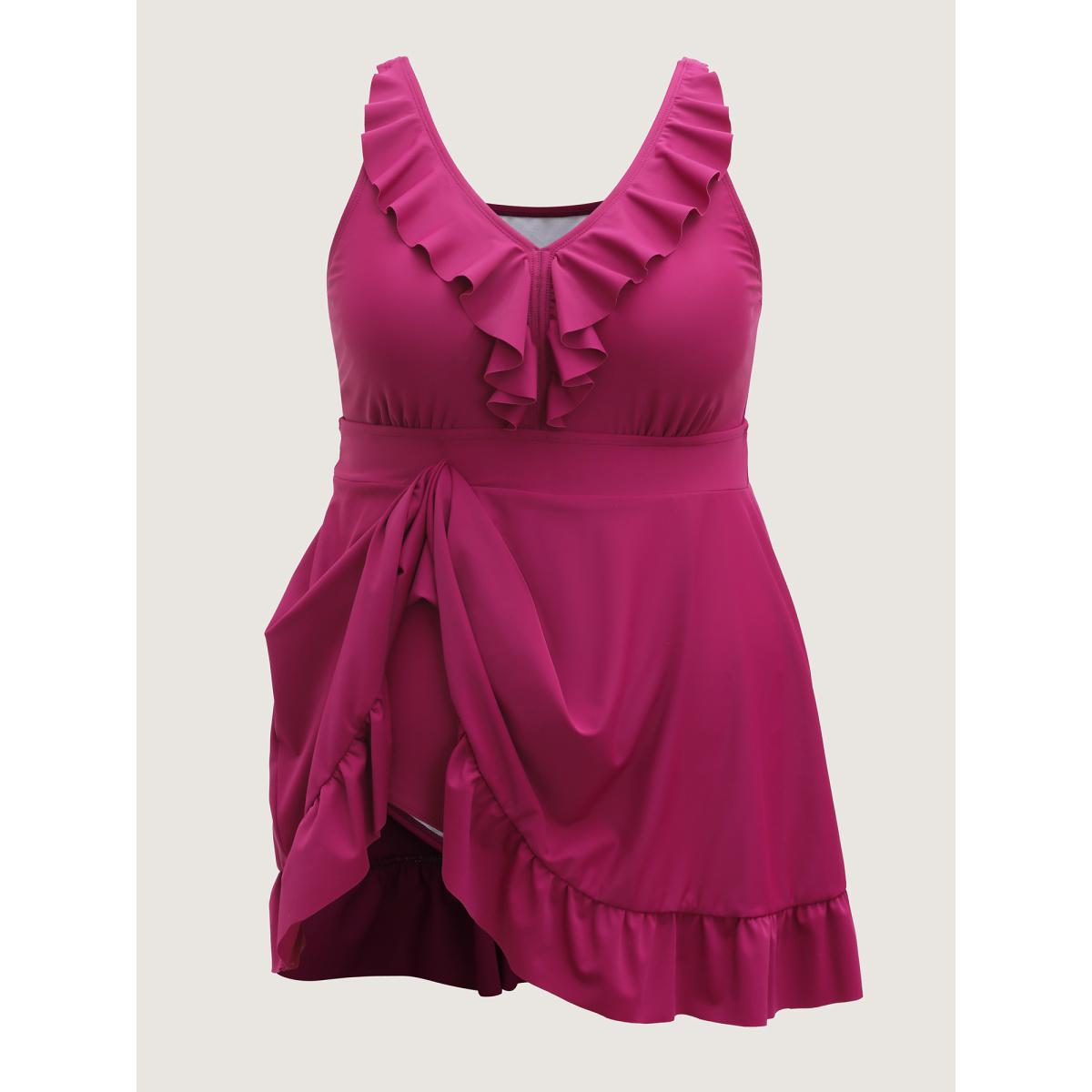 Plus Size Ruffled Fit and Flare Swim Dress Women's Swimwear Rosered Resort Bodycon V-neck High stretch Curve Swim Dresses BloomChic 18-20/2X Product Image