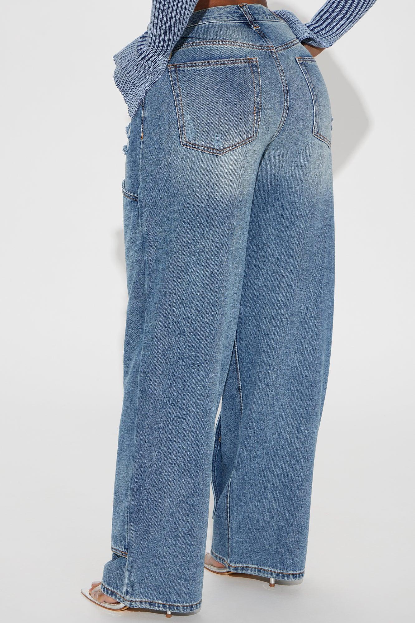 Maritza Button Carpenter Baggy Jeans - Medium Wash Product Image