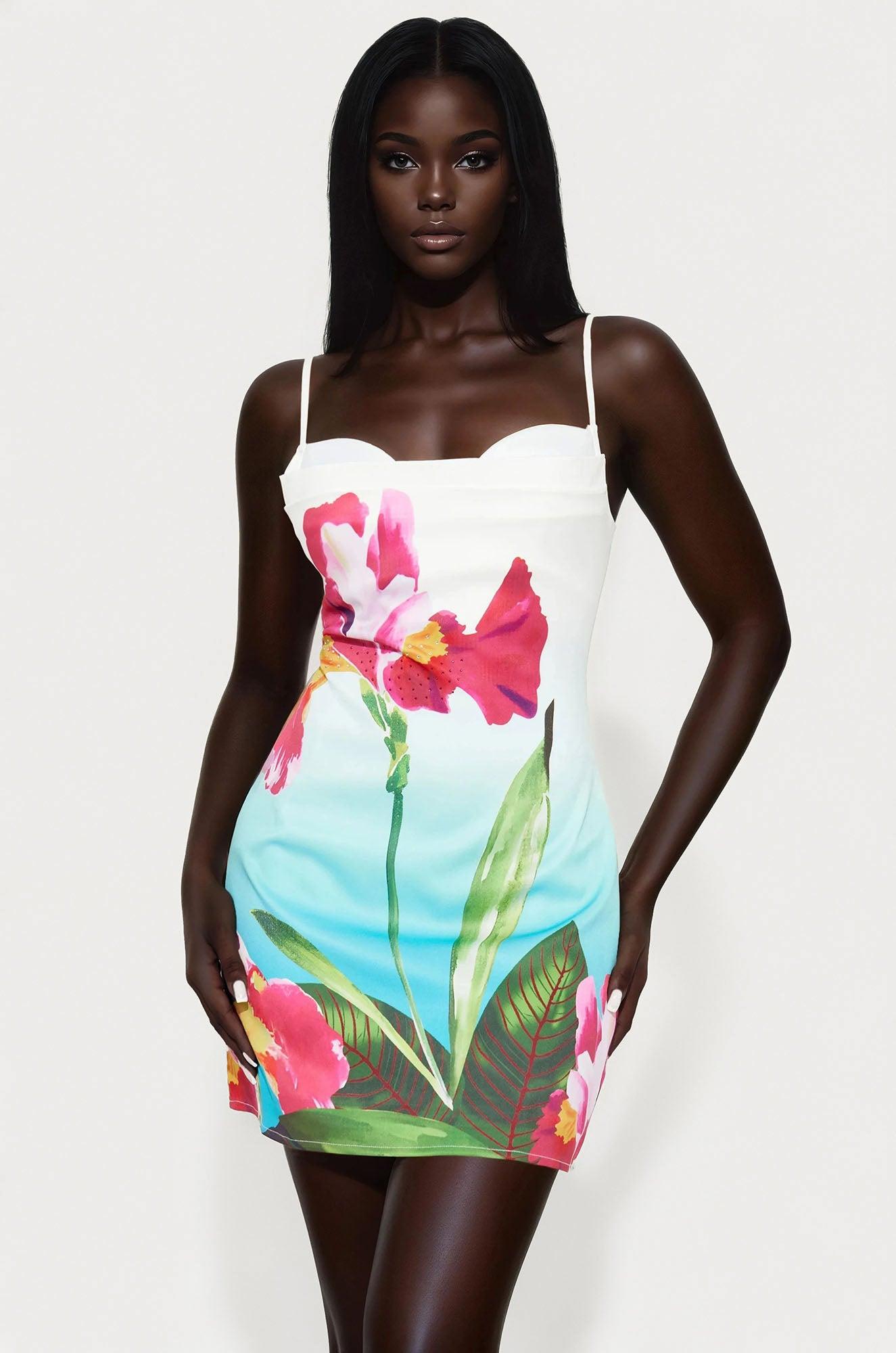 Exotic Beauty Floral Satin Mini Dress - Multi Color Female Product Image