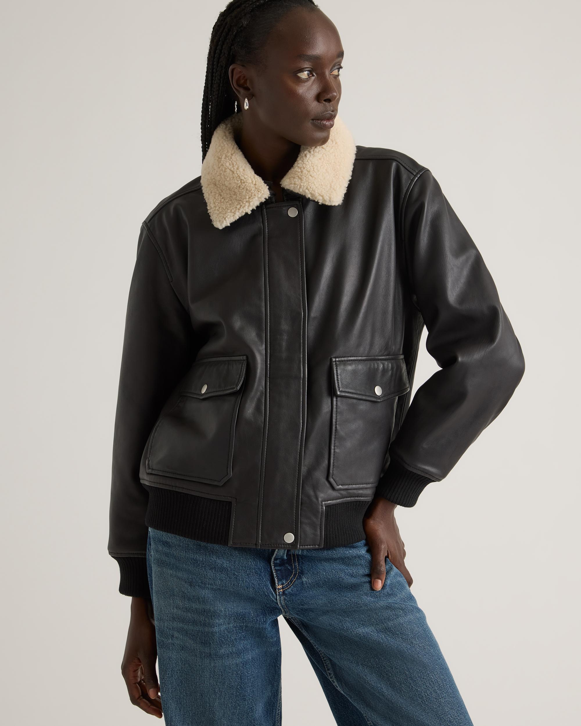 Quince | Women's Shearling Trim Aviator Jacket Leather Product Image