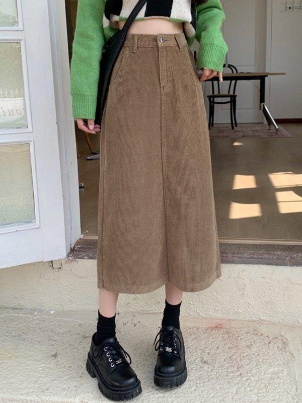 Back Slit Corduroy Midi Skirt Product Image