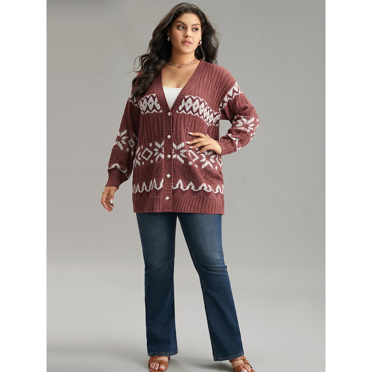 Plus Size Bandana Print Eyelet Metal Button Fly Cardigan Rust Women Casual Loose Long Sleeve Dailywear Cardigans BloomChic 30/6X Product Image