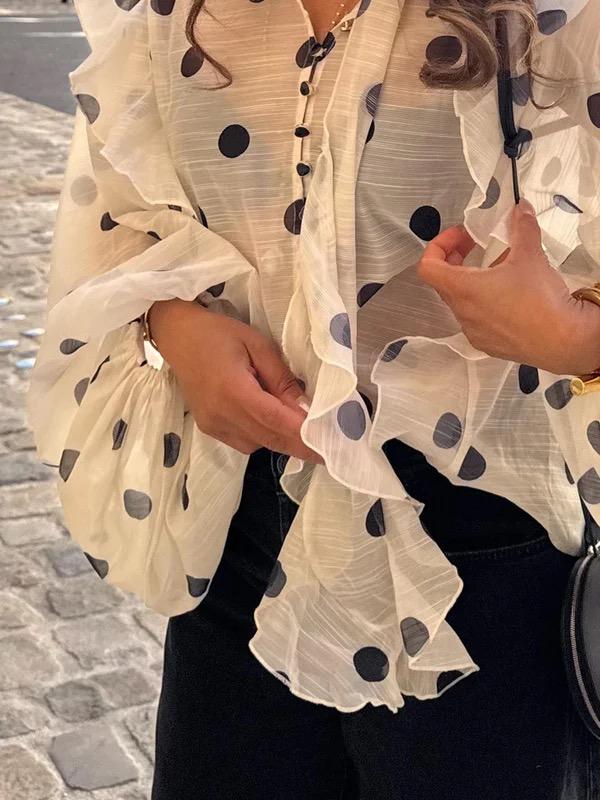 Long Sleeves Loose Buttoned Elasticity Polka-Dot Ruffle Trim See-Through V-Neck Blouses&Shirts Tops Product Image