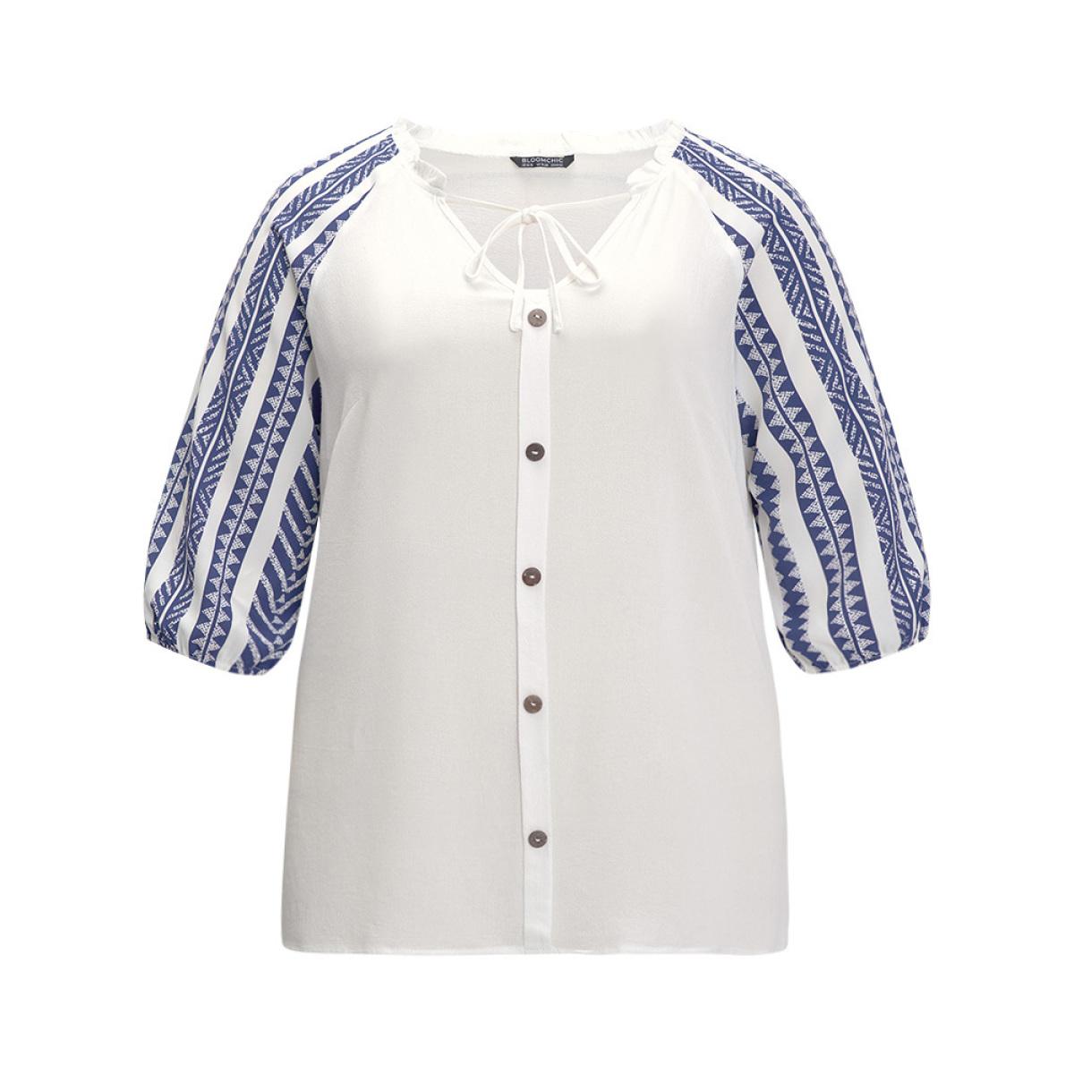 Plus Size DarkBlue Boho Print Tie Neck Patchwork Lantern Sleeve Blouse Women Vacation Elbow-length sleeve Tie Neck Dailywear Blouses BloomChic 10/M Product Image