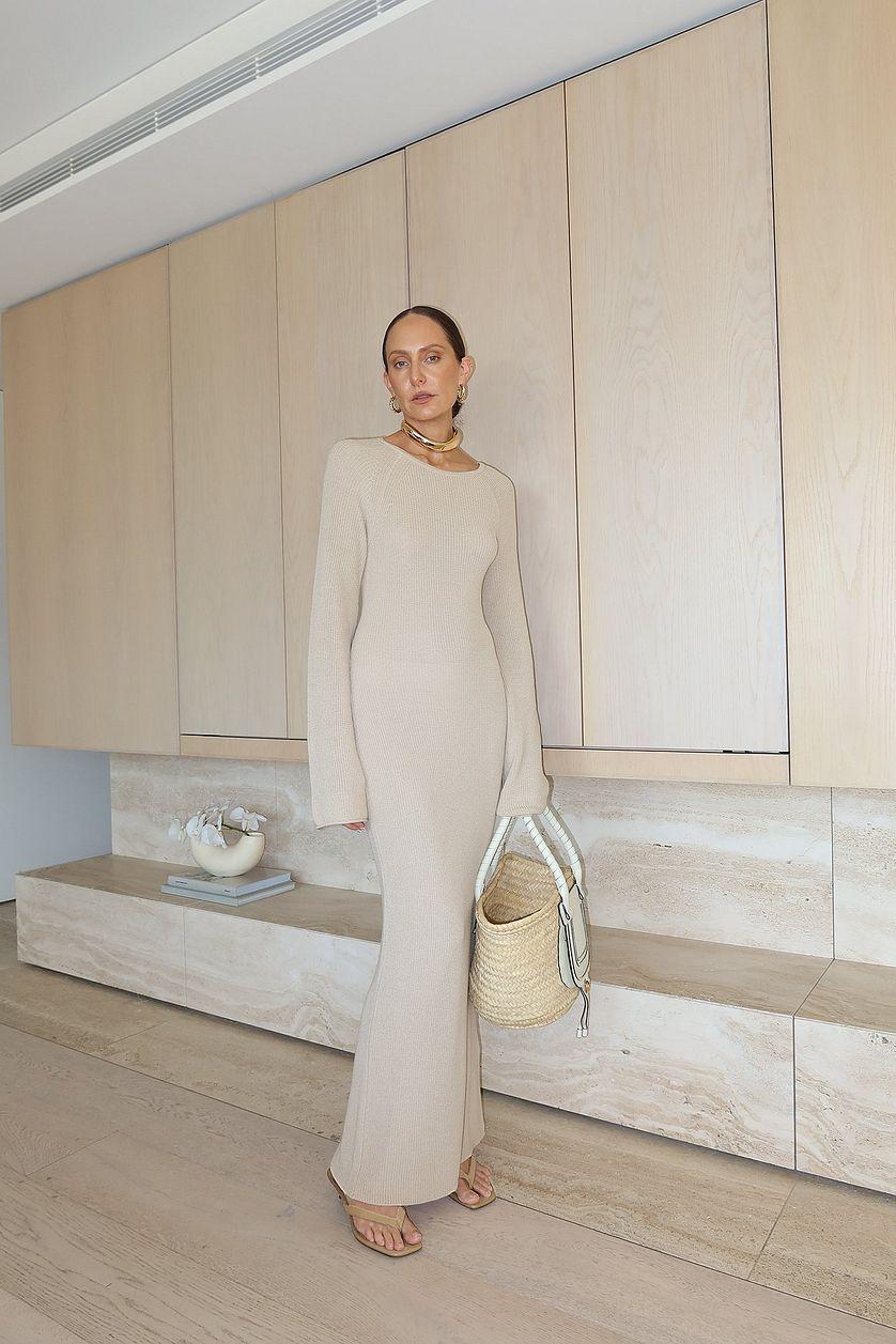 Open Back Lace Detail Knitted Maxi Dress Beige Product Image