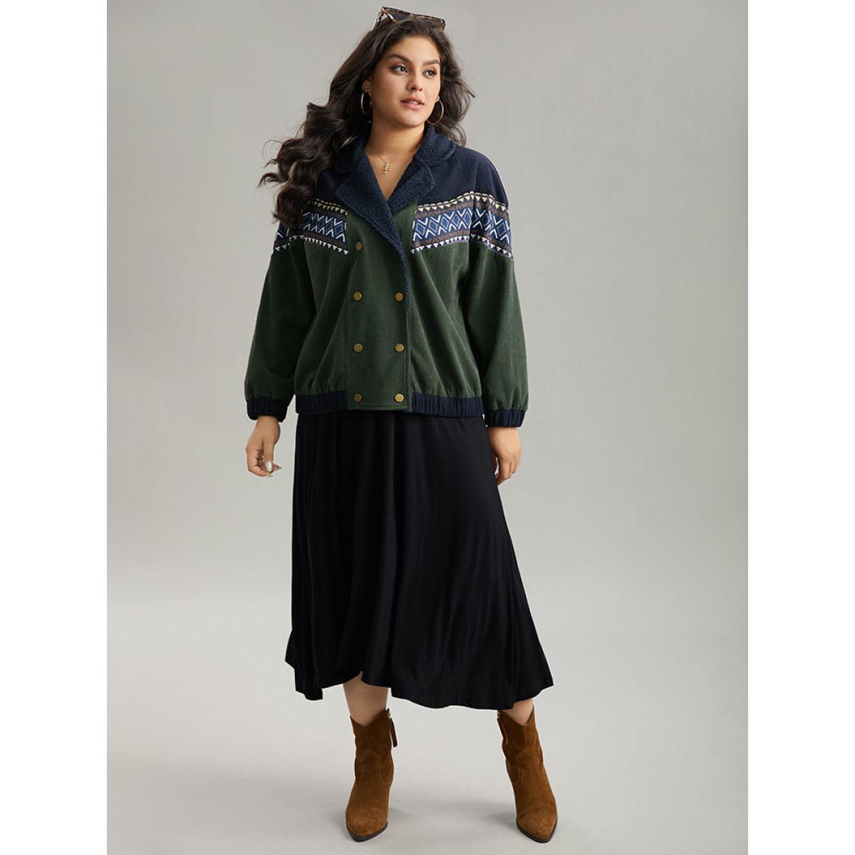 Plus Size Lapel Collar Geometric Patchwork Jacket Women ArmyGreen Elastic cuffs Dailywear Jackets BloomChic 12/L Product Image