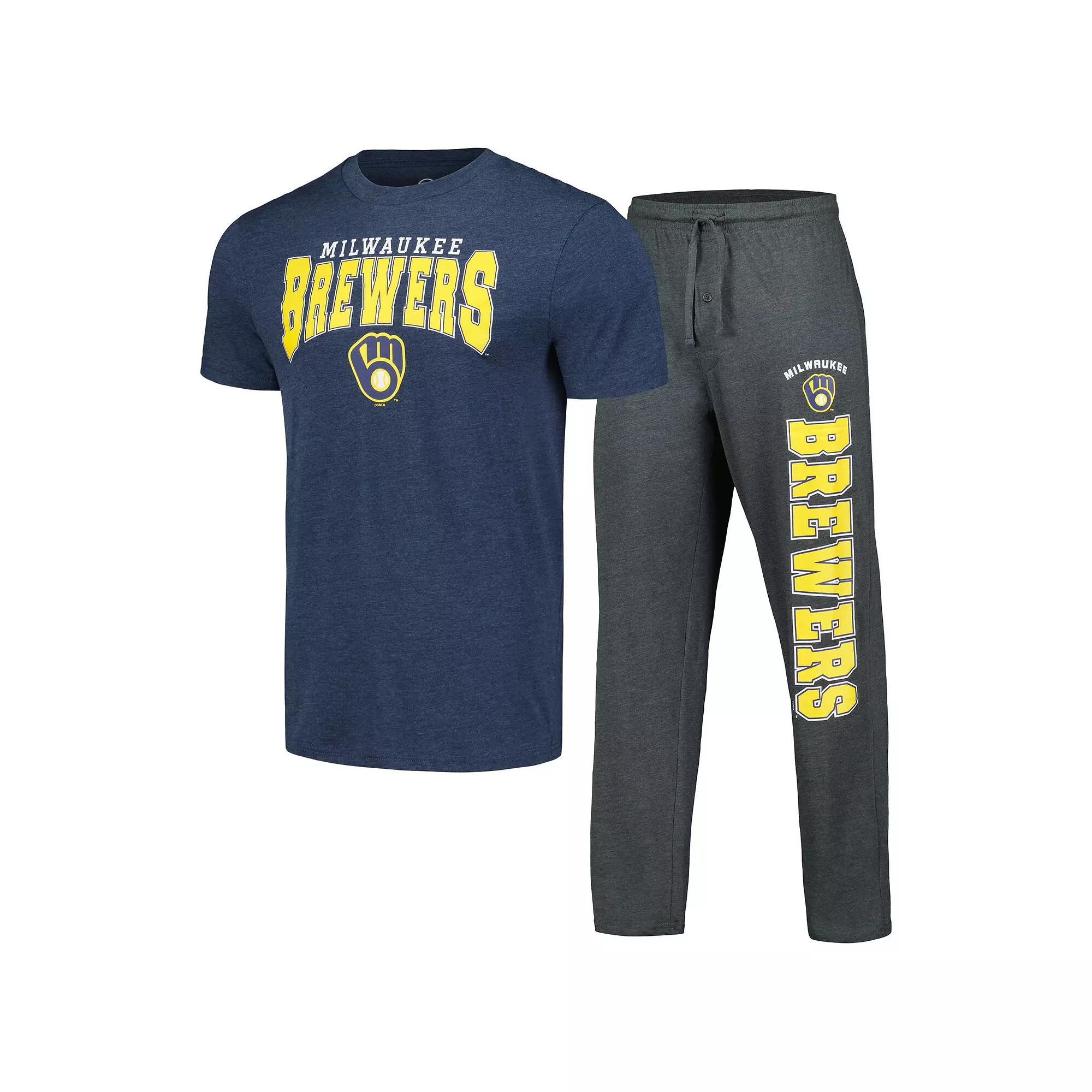 Men's Concepts Sport Charcoal/Navy Milwaukee Brewers Meter T-Shirt & Pants Sleep Set, Size: Large Product Image